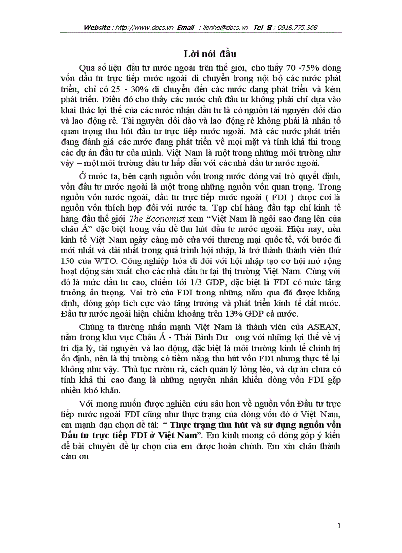 Thực trạng thu hút và sử dụng nguồn vốn Đầu tư trực tiếp FDI ở Việt Nam