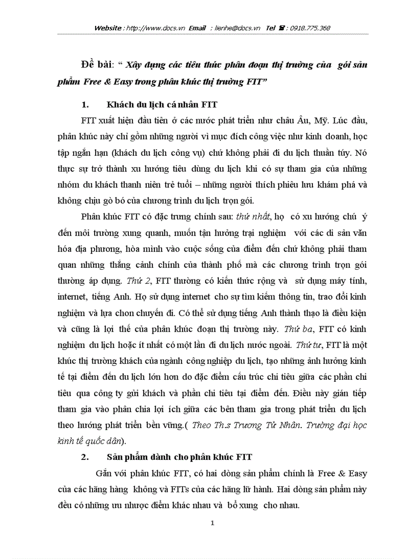 Xây dựng các tiêu thức phân đoạn thị trường của gói sản phẩm Free Easy trong phân khúc thị trường FIT