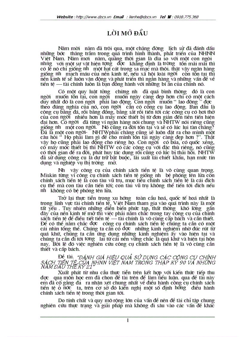 Đánh giá hiệu quả sử dụng các công cụ chính sách tiền tệ của nhnn việt nam trong thập kỷ 90 và những năm đầu thế kỷ 2