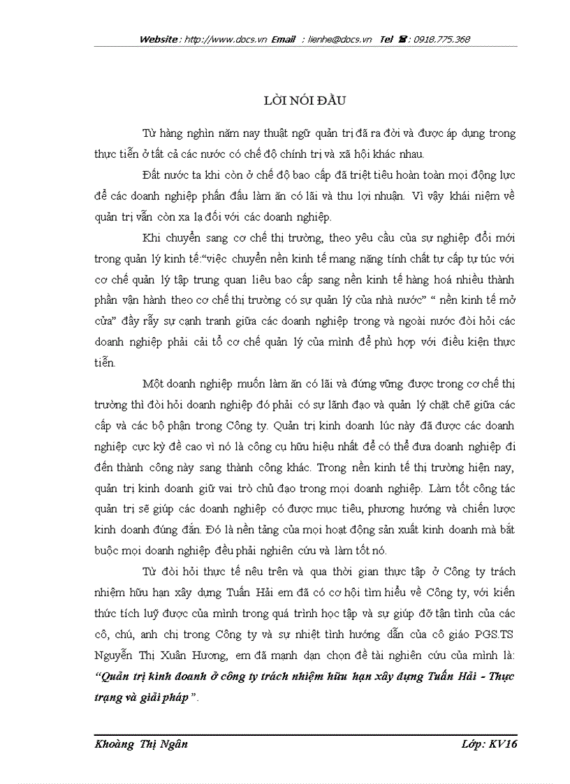 Quản trị kinh doanh ở công ty trách nhiệm hữu hạn xây dựng Tuấn Hải Thực trạng và giải pháp