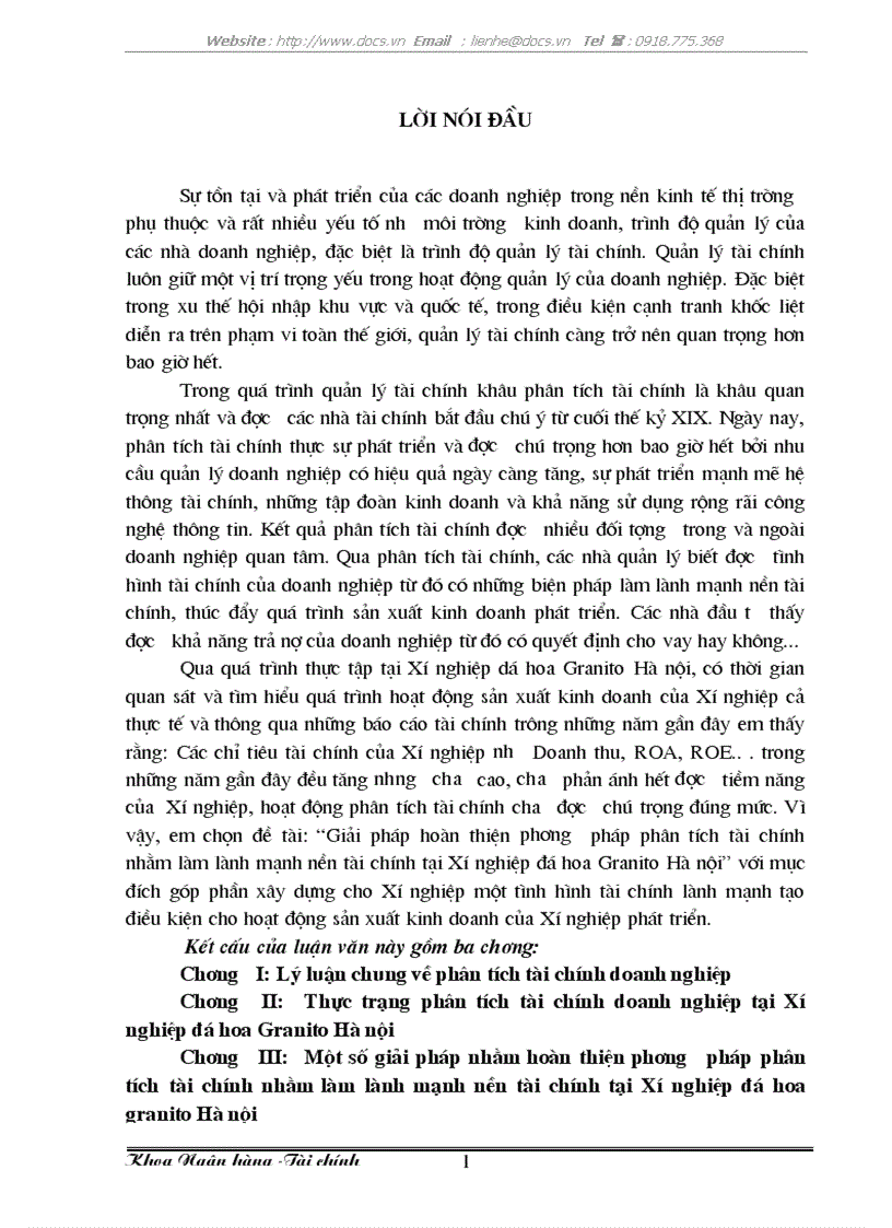 Giải pháp hoàn thiện phương pháp P tích tài chính nhằm làm lành mạnh nền tài chính tại Xí nghiệp đá hoa Granito Hà Nội