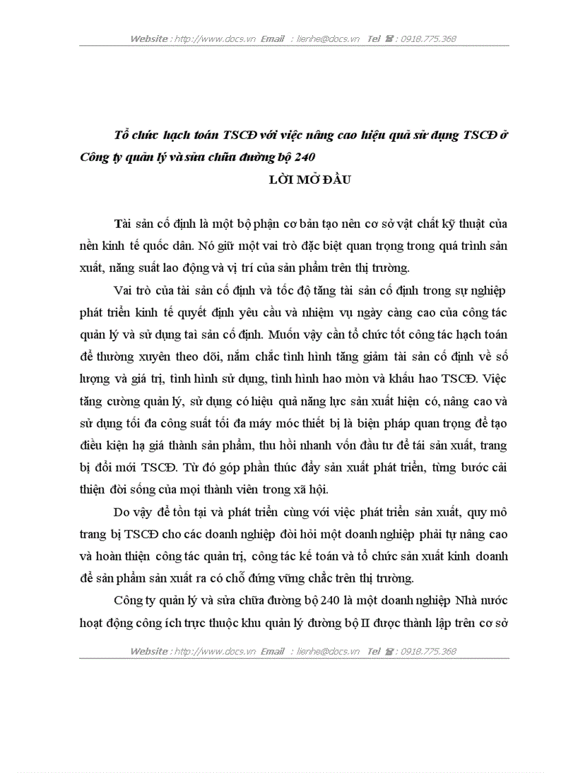 Tổ chức hạch toán TSCĐ với việc nâng cao hiệu quả sử dụng TSCĐ ở Công ty quản lý và sửa chữa đường bộ 240