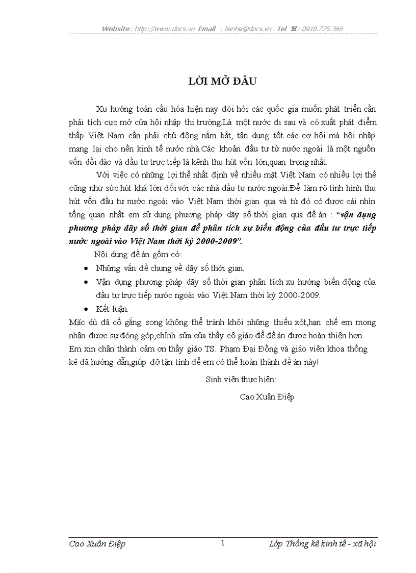 Vận dụng phương pháp dãy số thời gian để phân tích sự biến động của đầu tư trực tiếp nước ngoài vào Việt Nam thời kỳ 2000 2009
