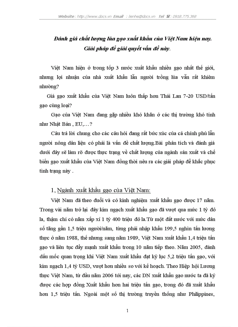 Đánh giá chất lượng lúa gạo xuất khẩu của Việt Nam hiện nay Giải pháp để giải quyết vấn đề này