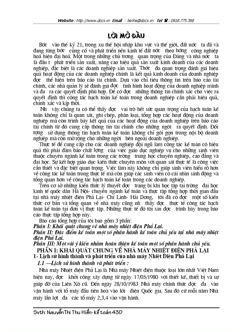 Đặc điểm kế toán một số phần hành kế toán chủ yếu tại nhà máy nhiệt điện Phả Lại