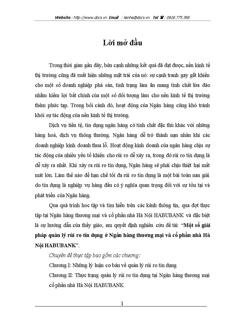 Một số giải pháp quản lý rủi ro tín dụng ở Ngân hàng thương mại và cổ phần nhà Hà Nội HABUBANK