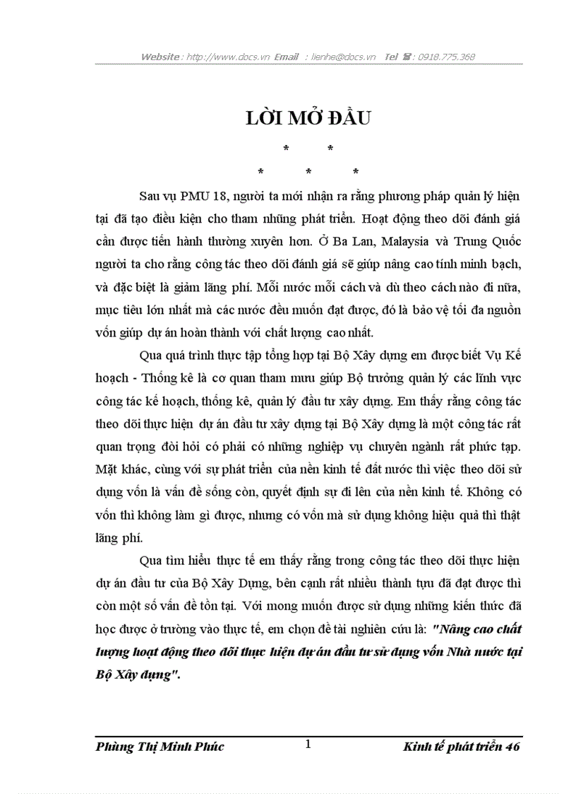 Nâng cao chất lượng hoạt động theo dõi thực hiện dự án đầu tư sử dụng vốn Nhà nước tại Bộ XD