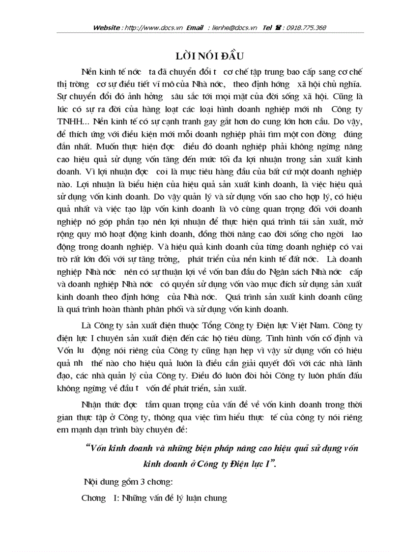 Vốn kinh doanh và những biện pháp nâng cao hiệu quả sử dụng vốn kinh doanh ở Công ty Điện lực I
