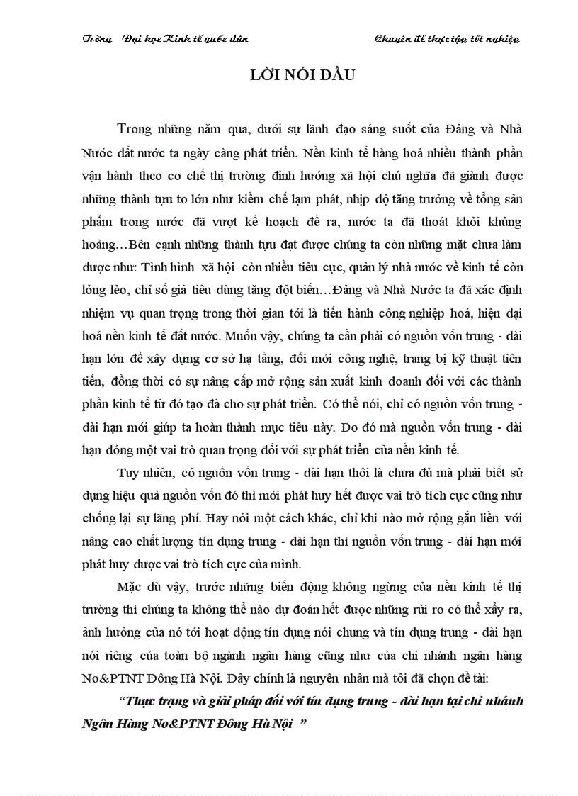 NÂNG CAO CHẤT LƯỢNG TÍN DỤNG TRUNG DÀI HẠN TẠI CHI NHÁNH NGÂN HÀNG No PT ĐÔNG HÀ NỘI