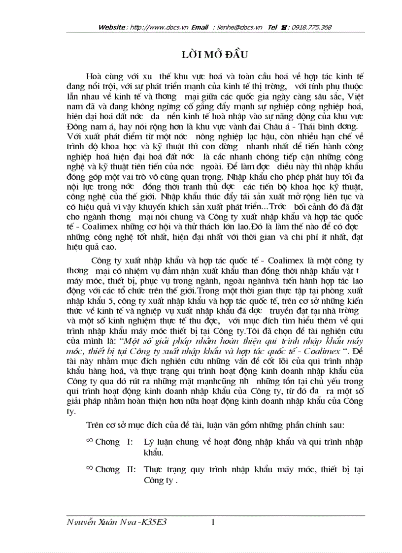 Một số giải pháp nhằm hoàn thiện qui trình nhập khẩu máy móc thiết bị tại Công ty xuất nhập khẩu và hợp tác quốc tế Coalimex