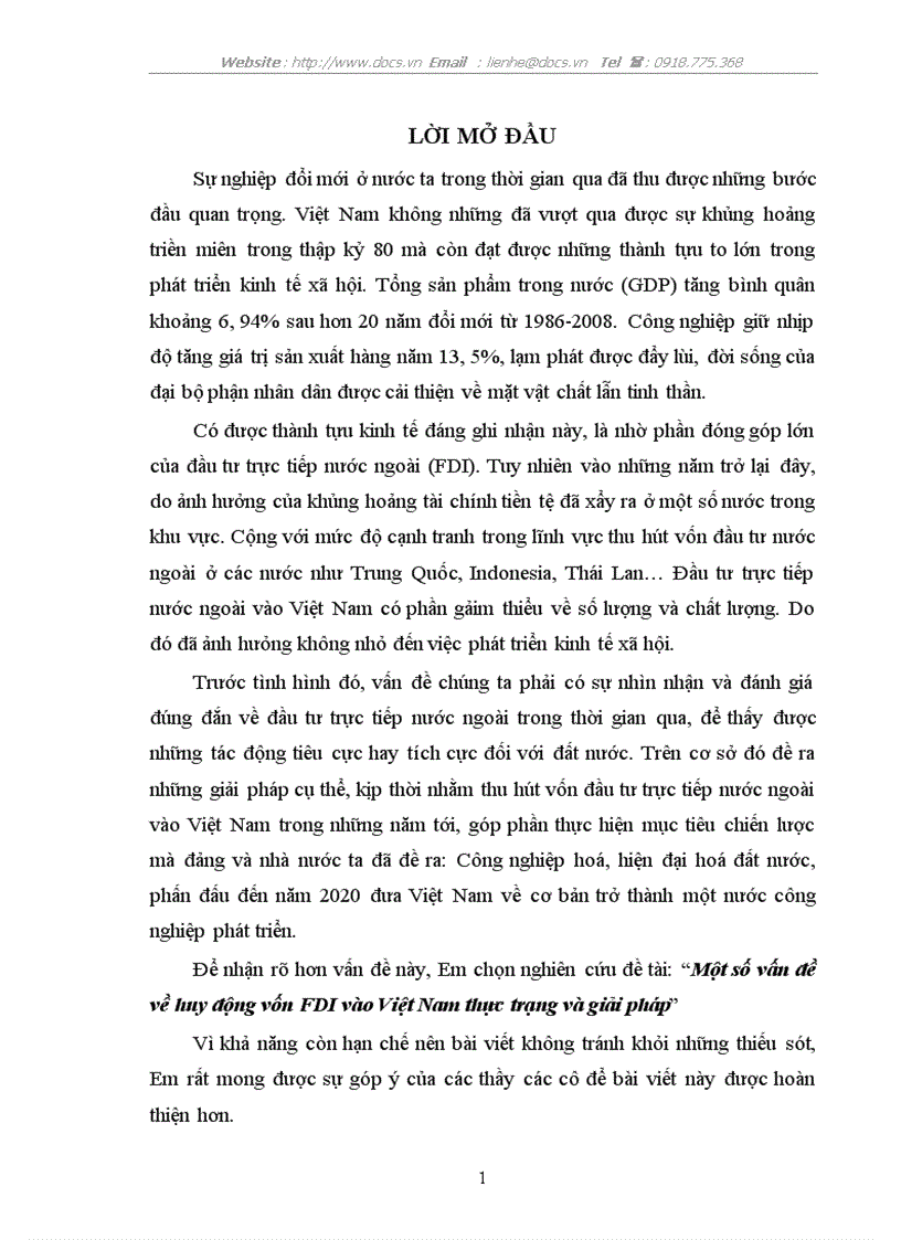 Một số vấn đề về huy động vốn FDI vào Việt Nam thực trạng và giải pháp