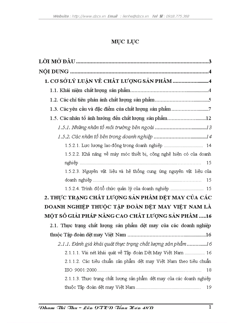 Thực trạng chất lượng sản phẩm dệt may của các doanh nghiệp trong Tập đoàn Dệt May Việt Nam