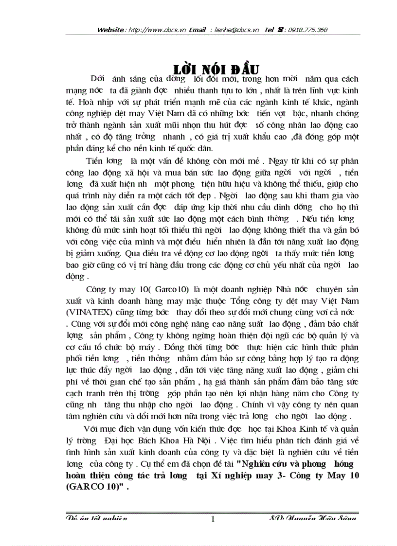 Nghiên cứu và phương hướng hoàn thiện công tác trả lương tại Xí nghiệp may 3 Công ty May 10 GARCO 10