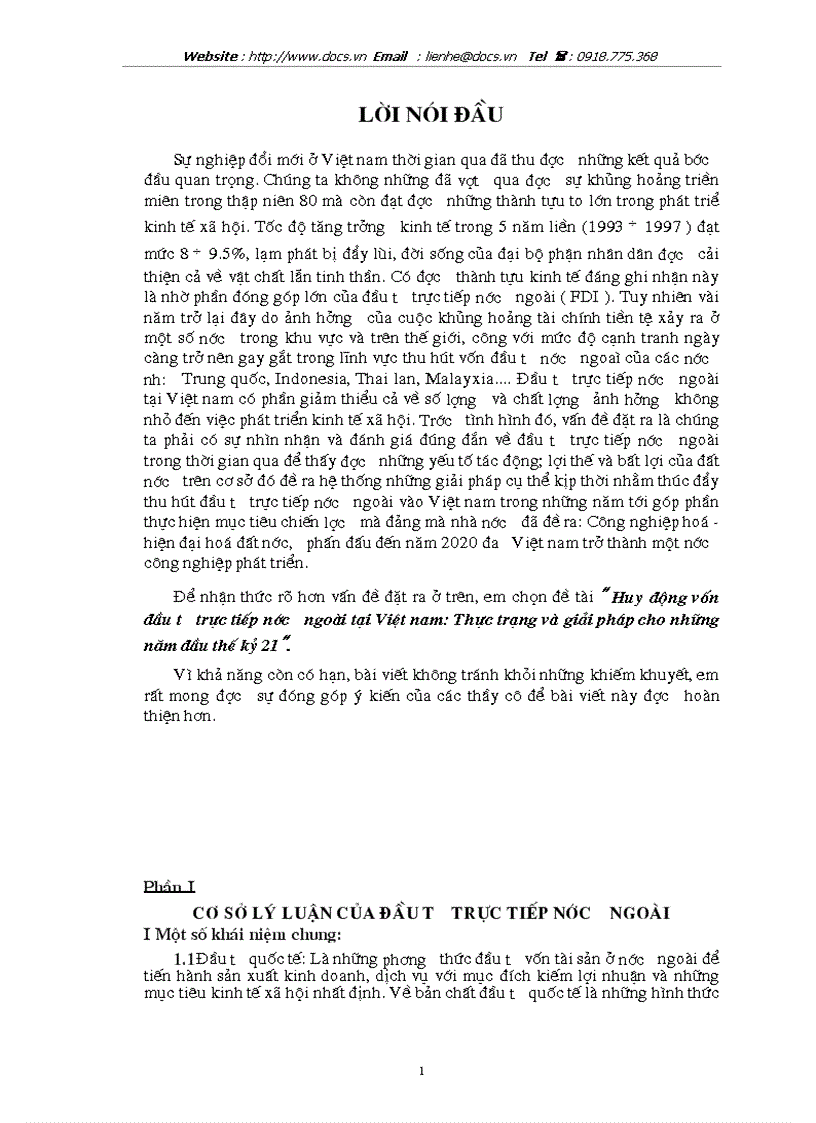Huy động vốn đầu tư trực tiếp nước ngoài tại Việt nam Thực trạng và giải pháp cho những năm đầu thế kỷ 2