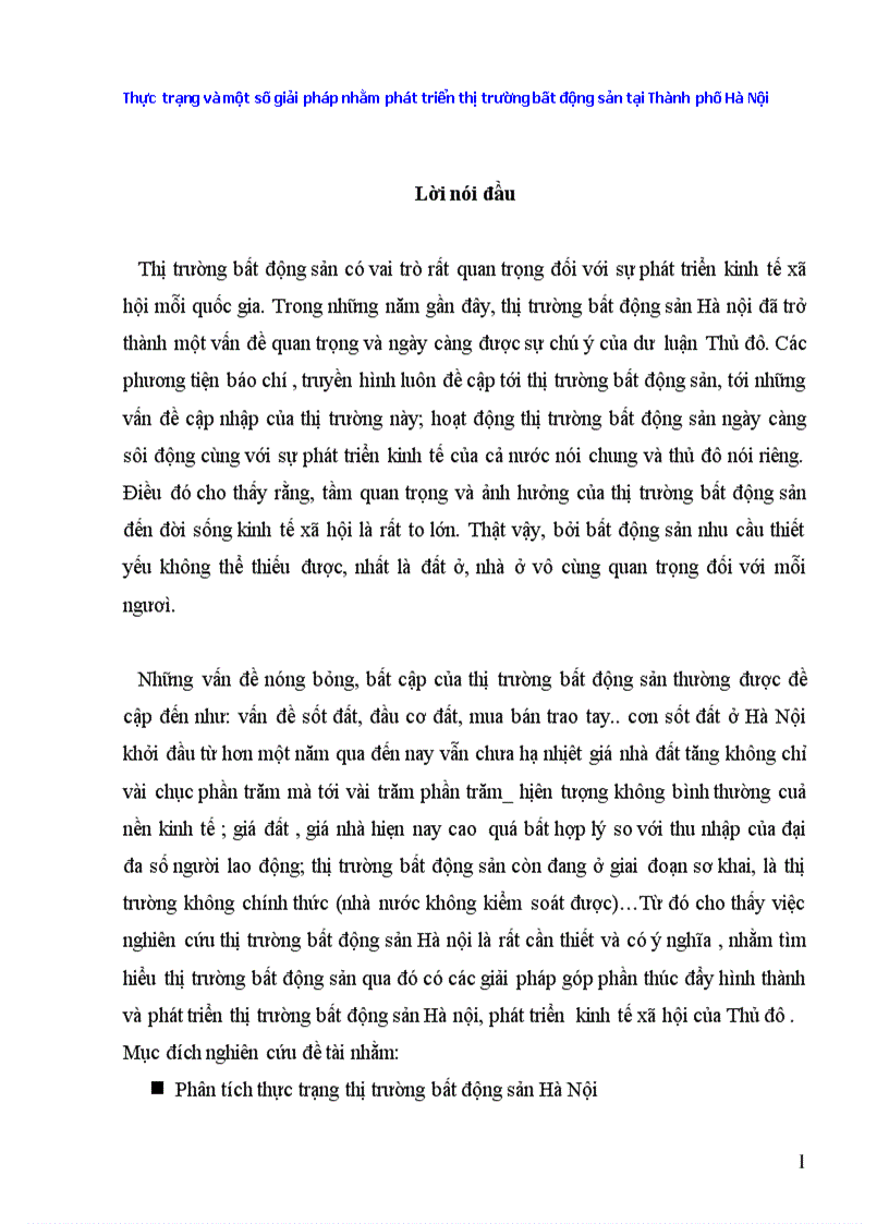 Thực trạng và một số giải pháp nhằm phát triển thị trường bất động sản tại Thành phố Hà Nội 134trang