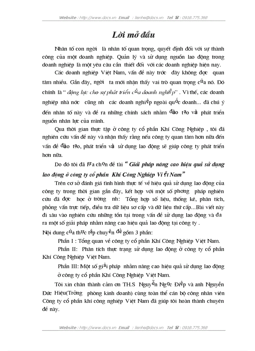 Giải pháp nâng cao hiệu quả sử dụng lao động ở công ty cổ phần Khí Công Nghiệp Vi ệt Nam