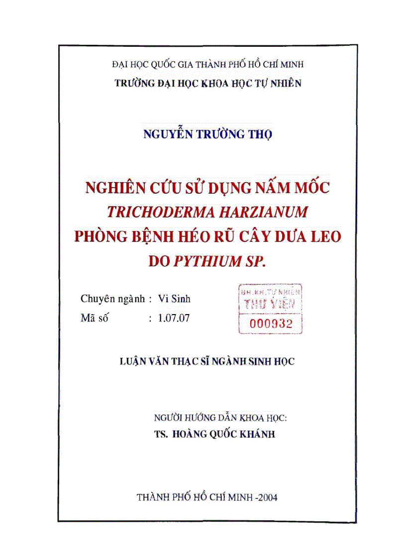 Nghiên cứu sử dụng nấm mốc trichoderma harzianum phòng bệnh héo rũ cây dưa leo do pythiumsp