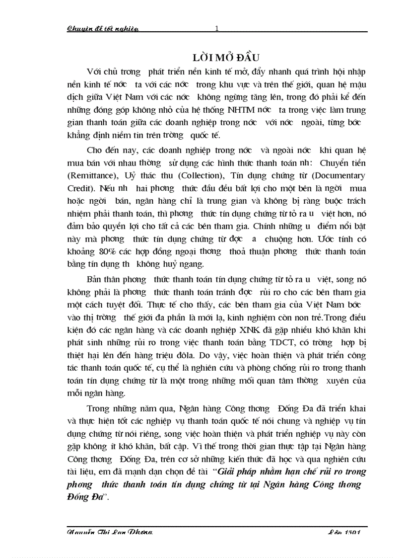 Giải pháp nhằm hạn chế rủi ro trong phương thức thanh toán tín dụng chứng từ tại NHCT Đống Đa