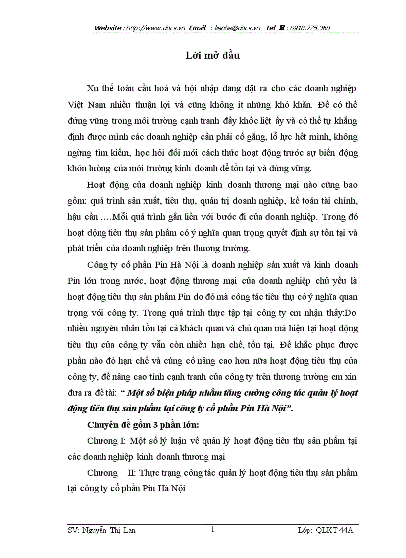 Một số biện pháp nhằm tăng cường công tác quản lý hoạt động tiêu thụ sản phẩm tại công ty cổ phần Pin Hà Nội