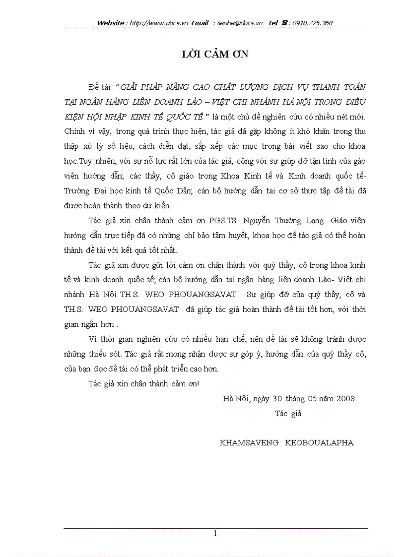 Giải pháp nâng cao chất lượng dịch vụ thanh toán tại ngân hàng liên doanh lào việt chi nhánh hà nội trong điều kiện hội nhập kinh tế quốc tế