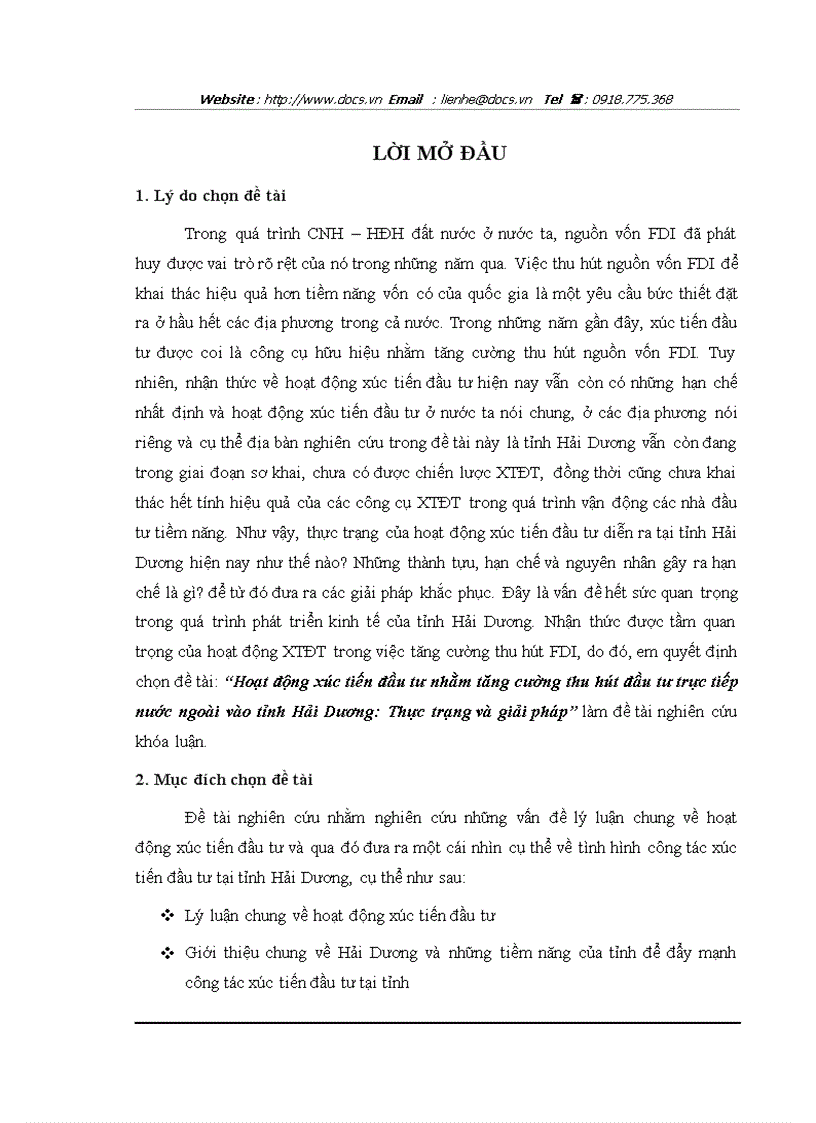 Hoạt động xúc tiến đầu tư nhằm tăng cường thu hút FDI vào tỉnh Hải Dương Thực trạng và giải pháp