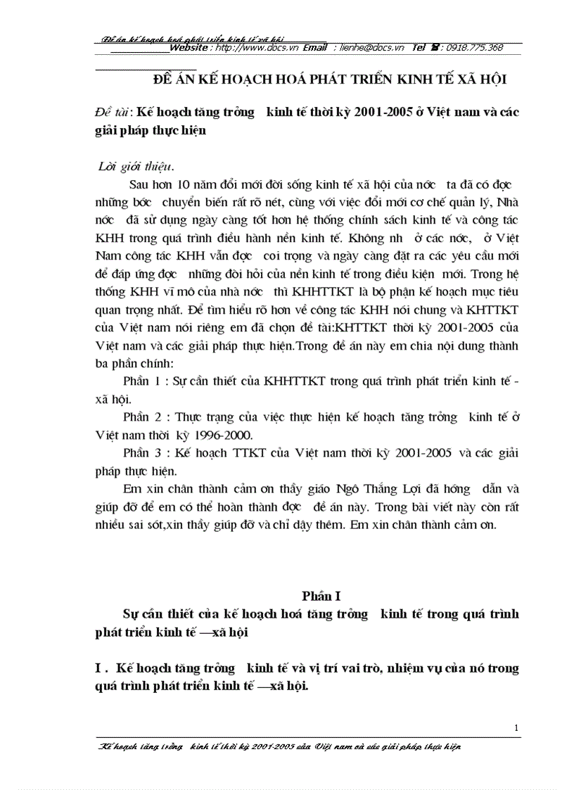Kế hoạch tăng trưởng kinh tế thời kỳ 2001 2005 ở Việt nam và các giải pháp thực hiện