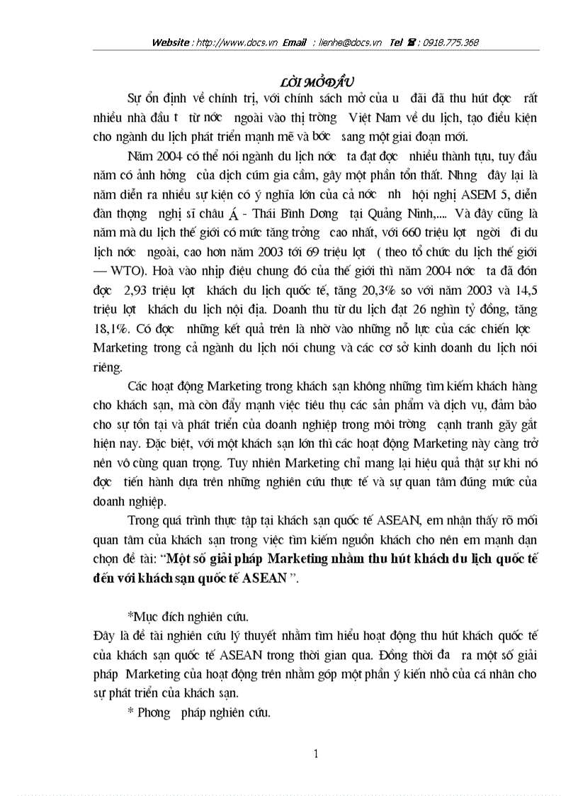 Một số giải pháp Marketing nhằm thu hút khách du lịch quốc tế đến với khách sạn quốc tế ASEAN