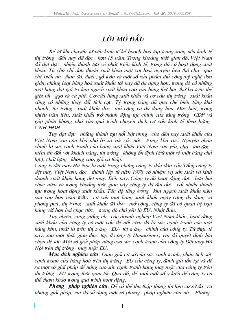 Giải pháp nâng cao sức cạnh tranh hàng may mặc của C ty Dệt may Hà Nội trên thị trường EU