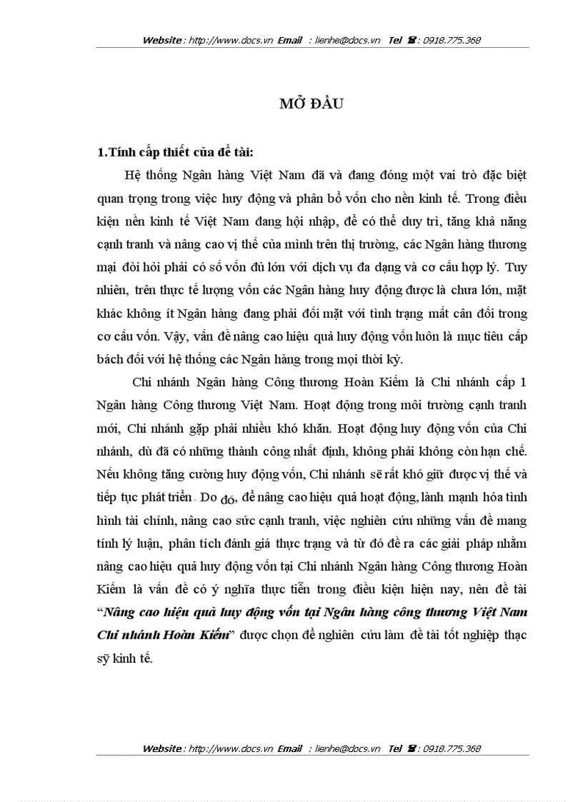 Nâng cao hiệu quả huy động vốn tại Ngân hàng công thương Việt Nam Chi nhánh Hoàn Kiếm