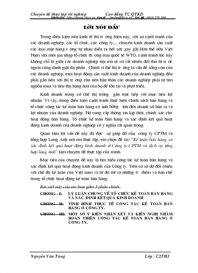 Kế toán bán hàng và xác định kết quả hoạt động kinh doanh ở Công ty CPTM và dịch vụ tổng hợp long Anh