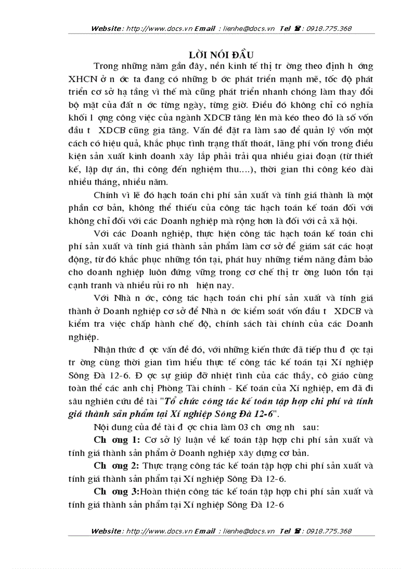 Tổ chức công tác kế toán tập hợp chi phí sản xuất và tính giá thành sản phẩm tại Xí nghiệp Sông Đà 12 6