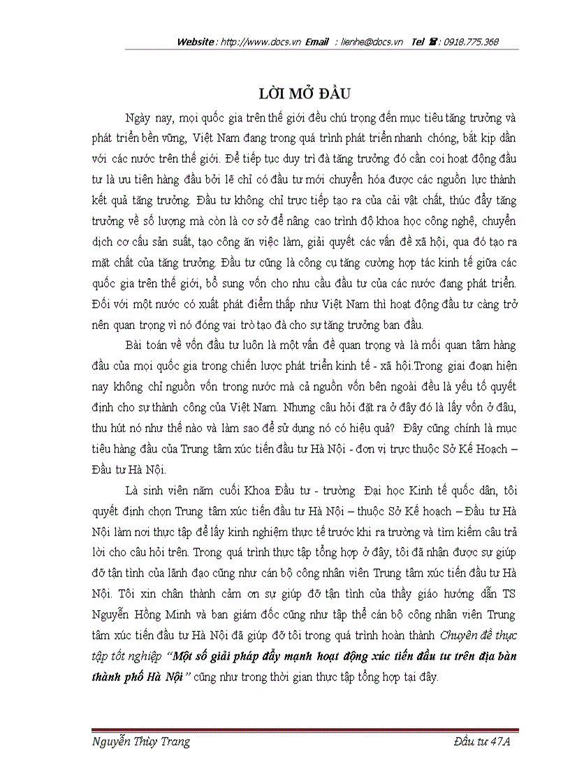 1số giải pháp đẩy mạnh hoạt động xúc tiến đầu tư trên địa bàn thành phố Hà Nội