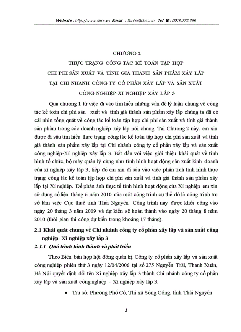 Thực trạng công tác kế toán tập hợp chi phí sản xuất và tính giá thành sản phẩm xây lắp tại chi nhánh công ty cổ phần xây lắp và sản xuất công nghi