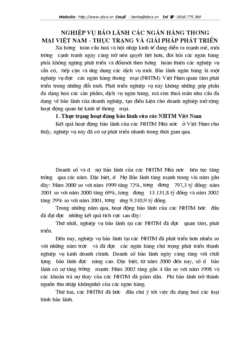 Nghiệp vụ bảo lãnh các ngân hàng thương mại việt nam thực trạng và giải pháp phát triển
