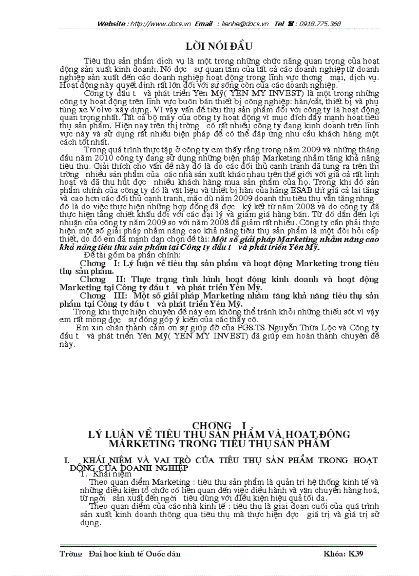 1số giải pháp Marketing nhằm nâng cao khả năng tiêu thụ sản phẩm tại Công ty đầu tư và phát triển Yên Mỹ 34
