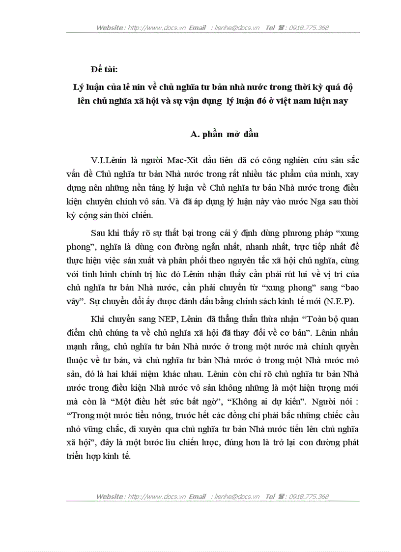 Lý luận của lê nin về chủ nghĩa tư bản nhà nước trong thời kỳ quá độ lên chủ nghĩa xã hội và sự vận dụng lý luận đó ở việt nam hiện nay