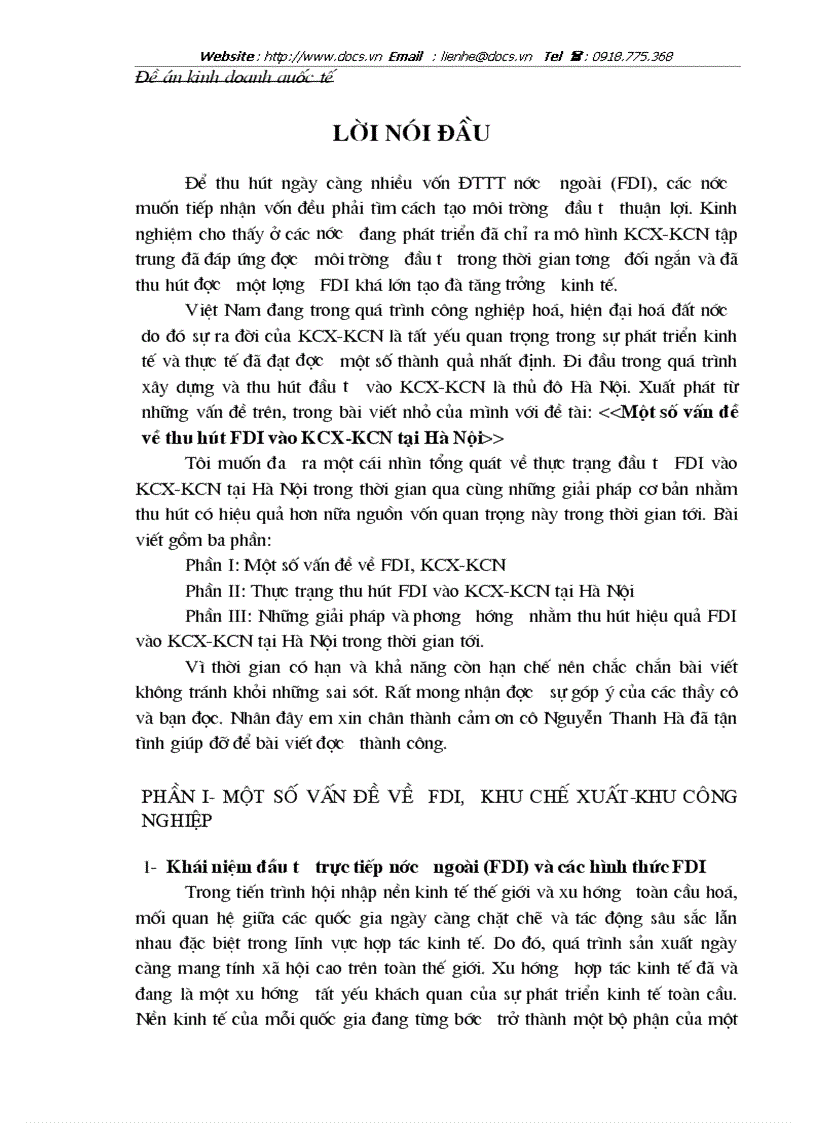 Một số vấn đề về thu hút FDI vào KCX KCN tại Hà Nội
