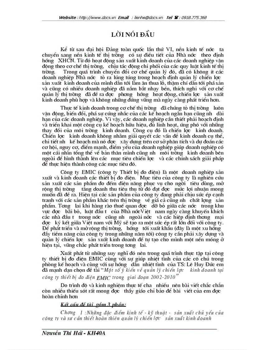 Một số ý kiến về quản lý chiến lược kinh doanh tại công ty thiết bị đo điện Emic trong giai đoạn 2002 2010