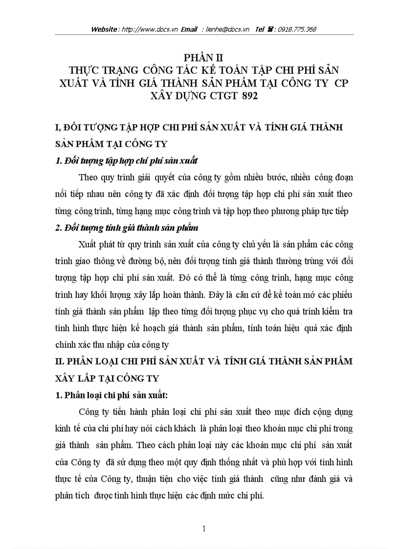 Thực trạng công tác kế toán tập chi phí sản xuất và tính giá thành sản phẩm tại Công ty CP xây dựng công trình giao thông 892 chương 2 3
