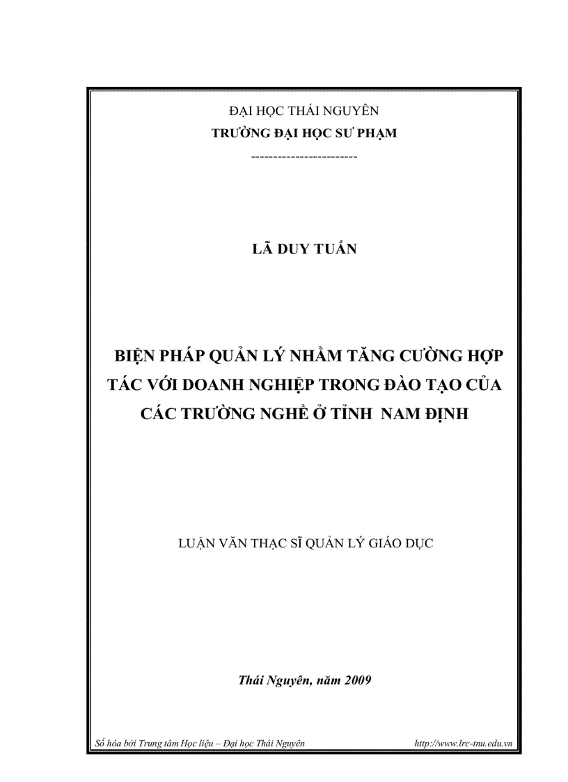 Biện pháp quản lý nhằm tăng cường hợp tác với Doanh nghiệp trong đào tạo của các trường nghề ở tỉnh Nam Định