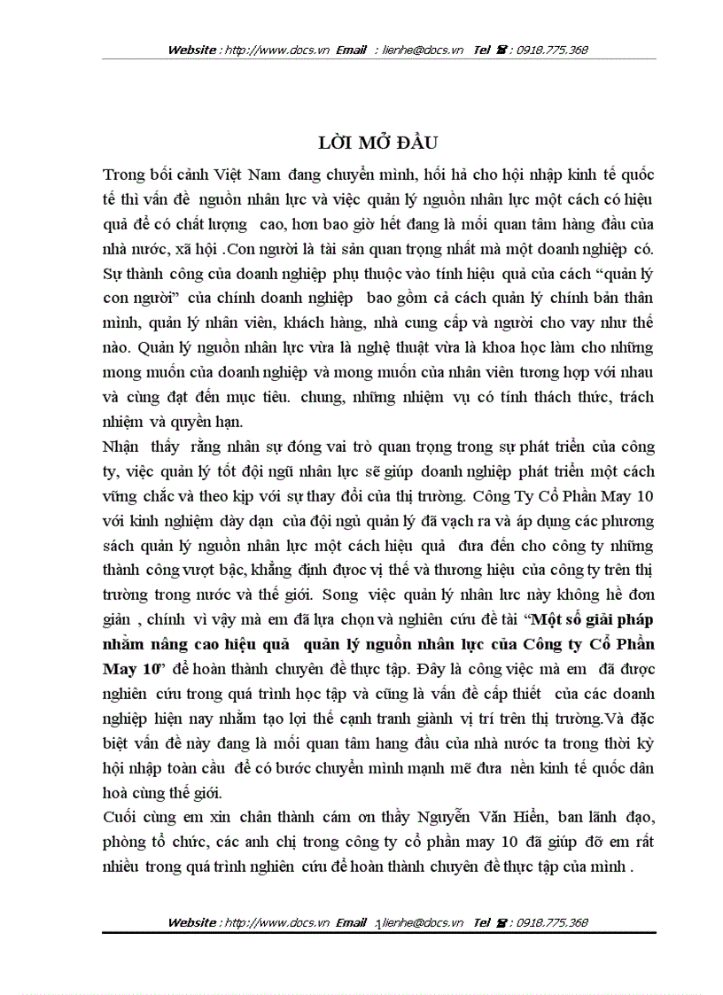 1số giải pháp nhằm nâng cao hiệu quả quản lý nguồn nhân lực của Công ty CP May 10