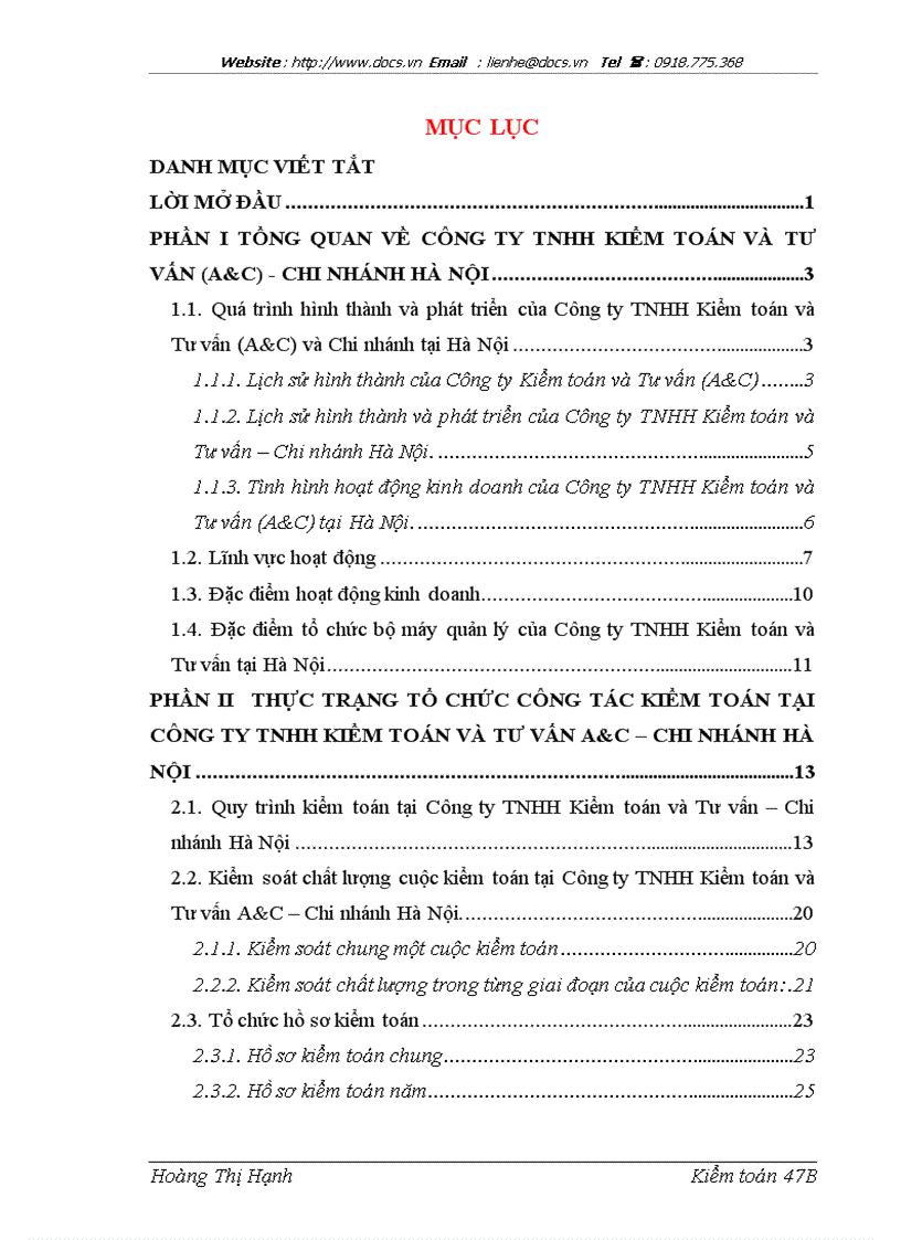 Báo cáo tại Chi nhánh Công ty Kiểm toán và Tư vấn