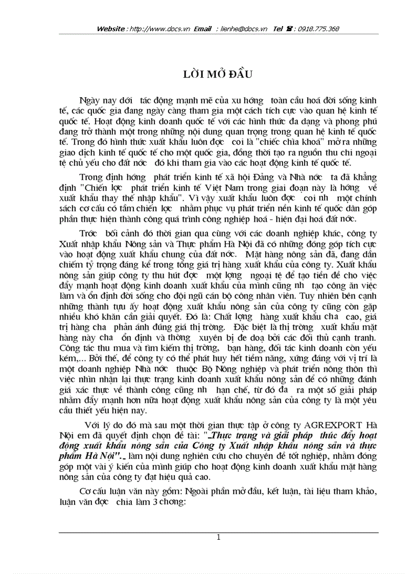 Thực trạng và giải pháp thúc đẩy hoạt động xuất khẩu nông sản của Công ty Xuất nhập khẩu nông sản và thực phẩm Hà Nội