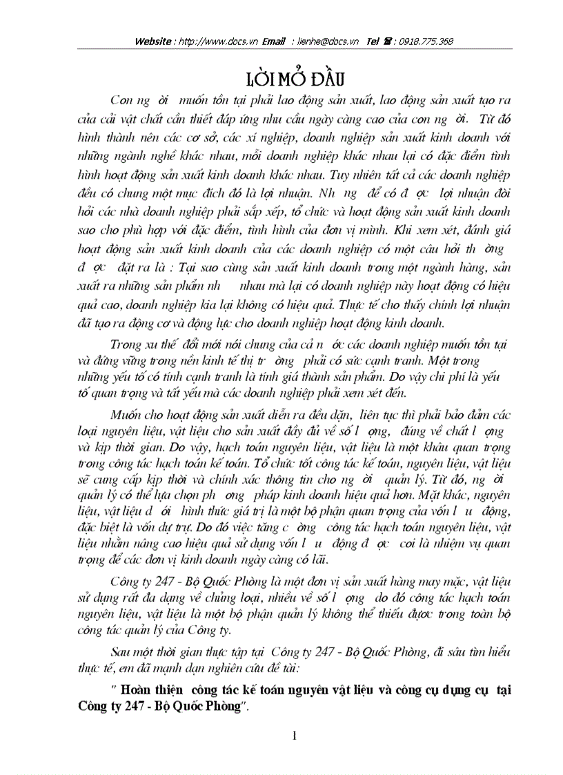 Hoàn thiện công tác kế toán nguyên vật liệu và công cụ dụng cụ tại Công ty 247 Bộ Quốc Phòng