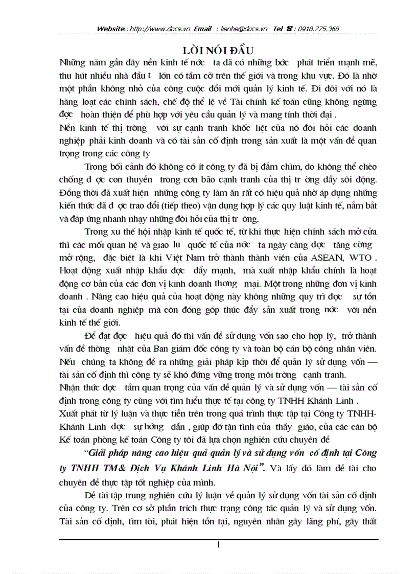 Giải pháp nâng cao hiệu quả quản lý và sử dụng vốn cố định tại Công ty TNHH TM Dịch Vụ Khánh Linh Hà Nội