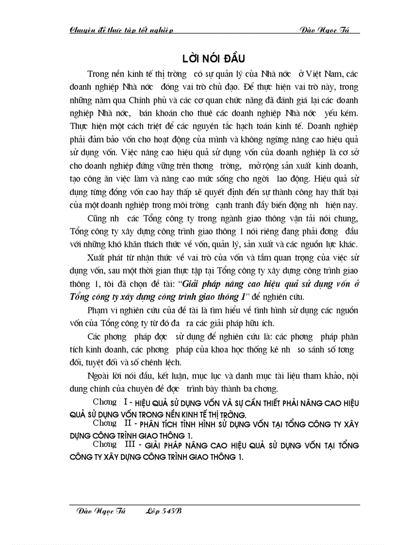 Giải pháp nâng cao hiệu quả sử dụng vốn tại Tổng công ty xây dựng công trình giao thông