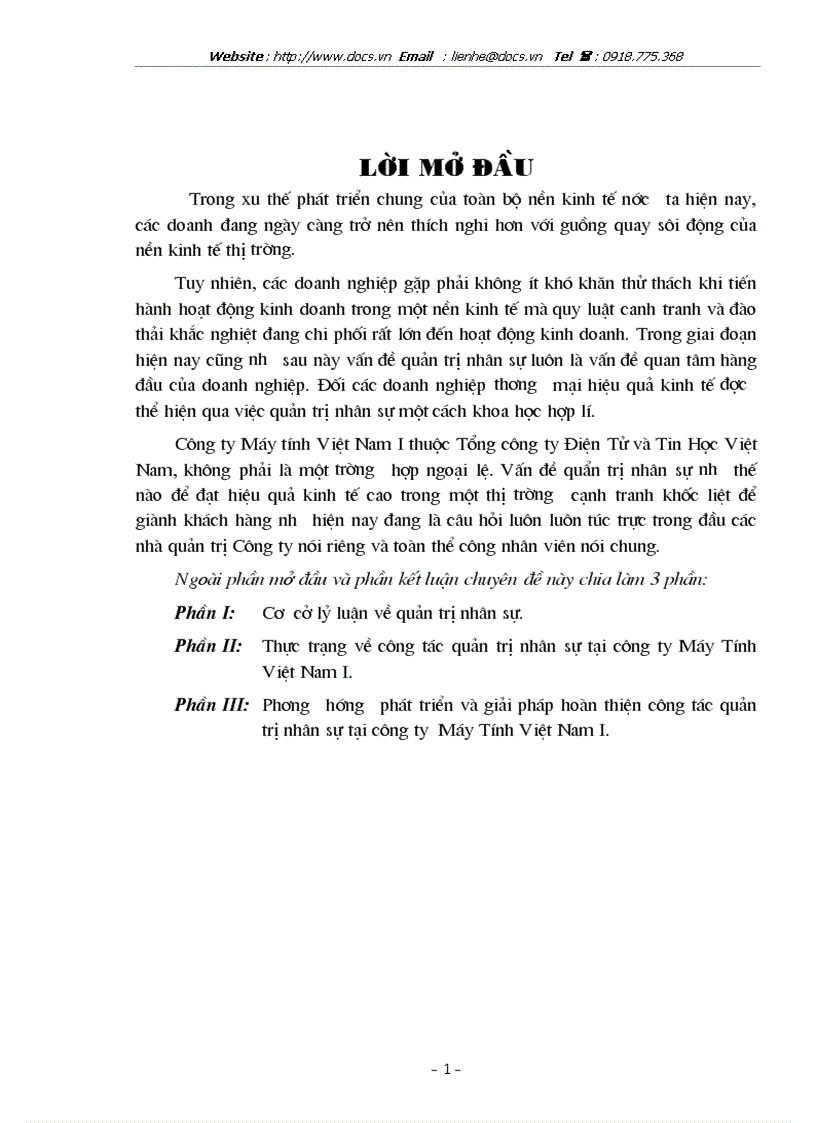 Phương hướng phát triển và giải pháp hoàn thiện công tác quản trị nhân sự tại công ty Máy Tính Việt Nam I