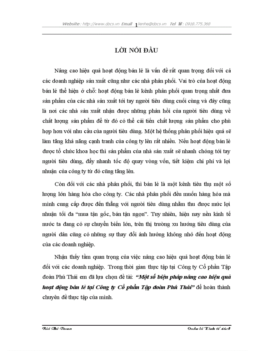 Một số biện pháp nâng cao hiệu quả hoạt động bán lẻ tại Công ty Cổ phần Tập đoàn Phú Thái