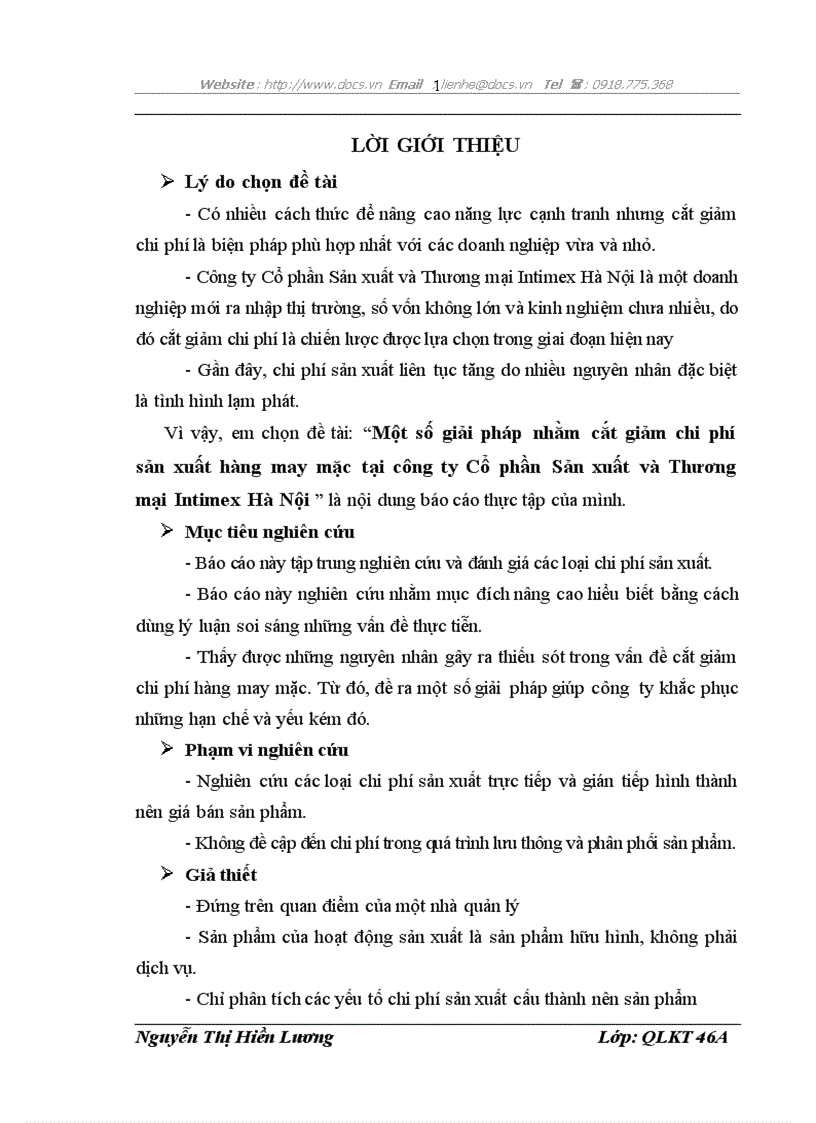 Một số giải pháp nhằm cắt giảm chi phí sản xuất hàng may mặc tại công ty Cổ phần Sản xuất và Thương mại Intimex Hà Nội