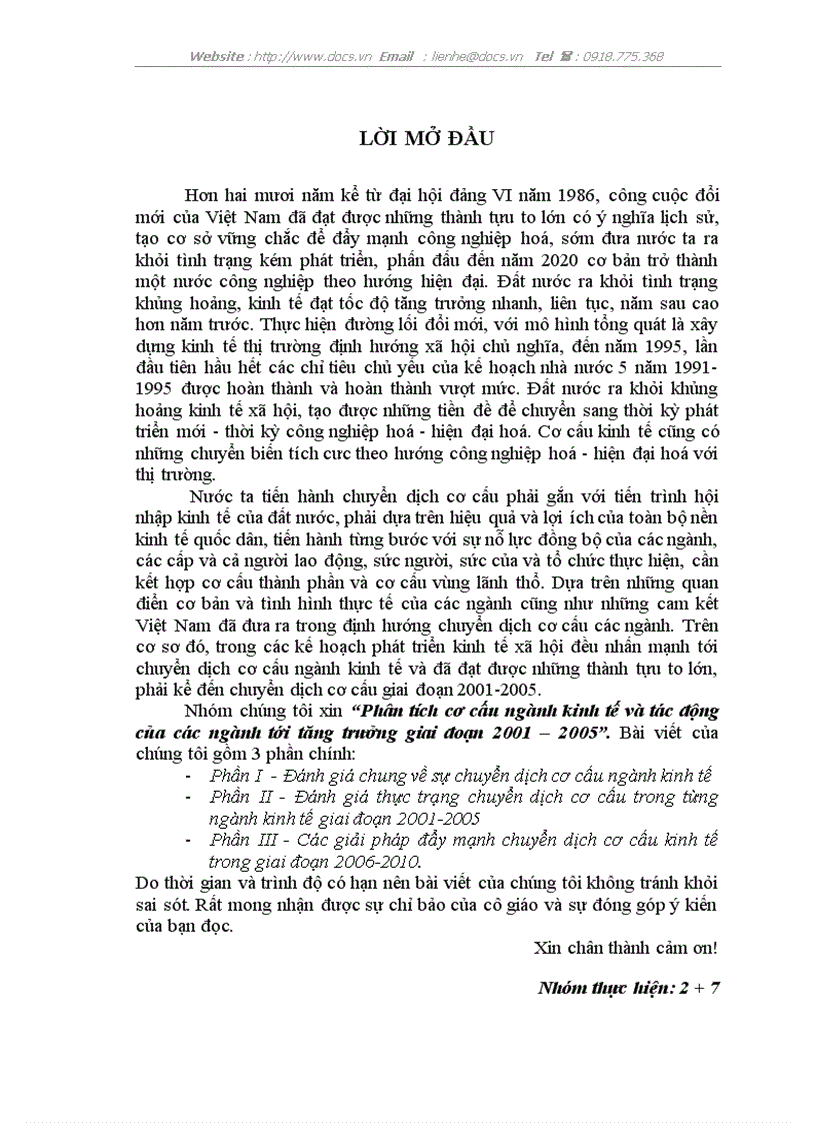 Phân tích cơ cấu ngành kinh tế và tác động của các ngành tới tăng trưởng giai đoạn 2001 2005